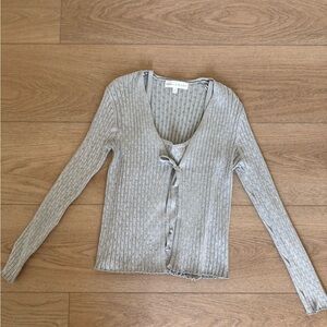 Light Gray Pointelle Tie-Front Cardigan with tank top